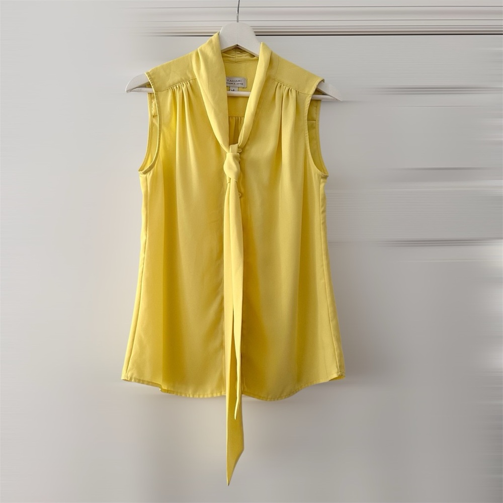 Tahari ASL Spring Yellow Tie-Neck Button Down Shirt Tank Top Size S, Office Work